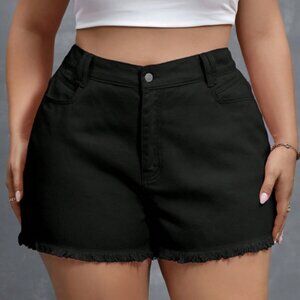SHEIN Curve Plus 2XL Solid Black Raw Hem Pocket Button Zipper Shorts Denim